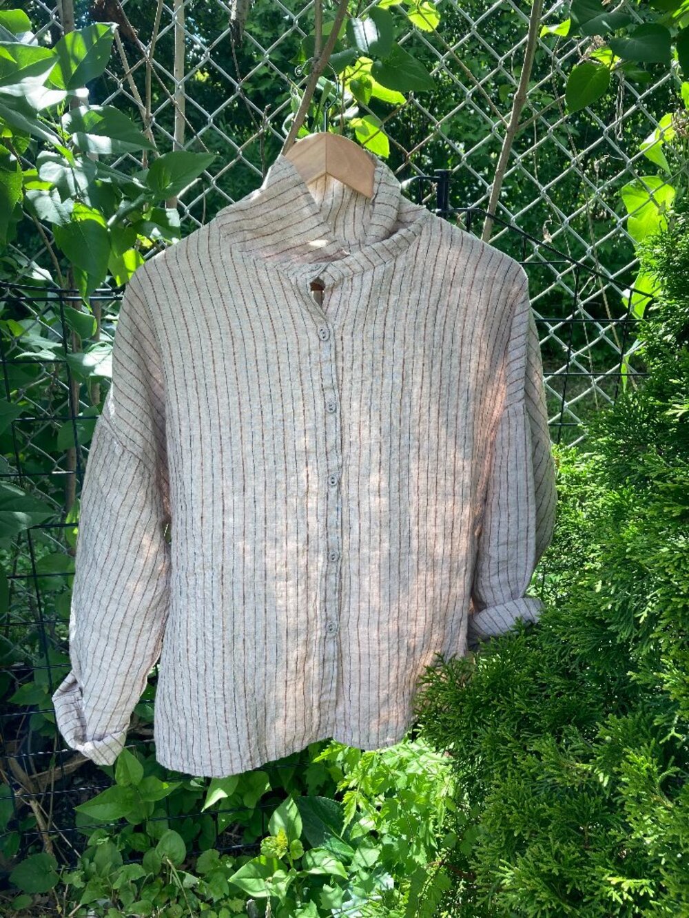 100% Linen Turtleneck Stripe Shirt, OS (loose), Linen Color.
